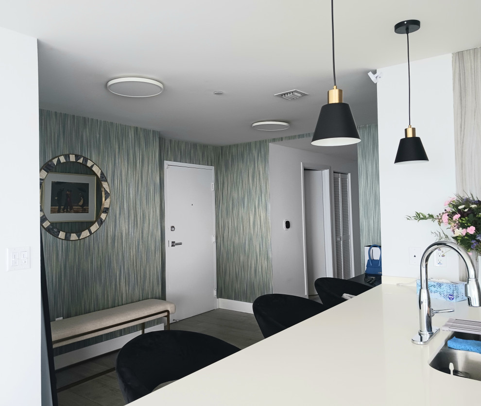 Foyer - mid-sized transitional ceramic tile and gray floor foyer idea in Miami with green walls and a white front door