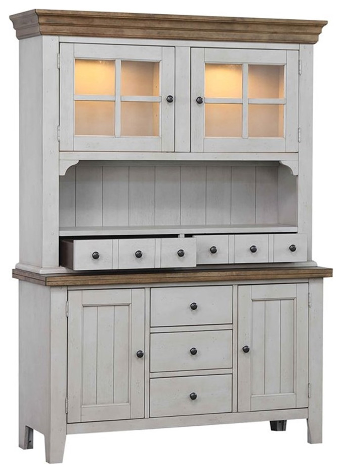 Buffet and Lighted Hutch Distressed Gray and Brown Wood China