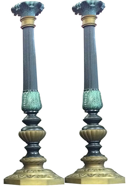 Antique Pair Architectural India Carved Brass Candle Stands Holder
