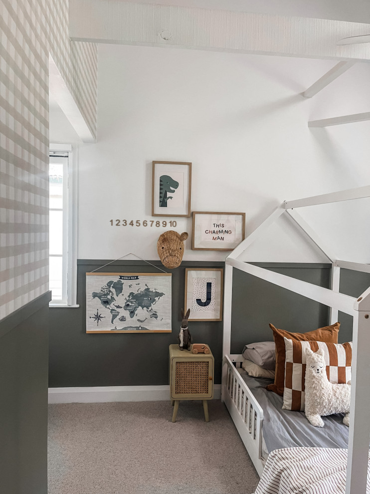 Design ideas for a large transitional kids' room for boys in Brisbane with multi-coloured walls, carpet, grey floor, vaulted and wallpaper.
