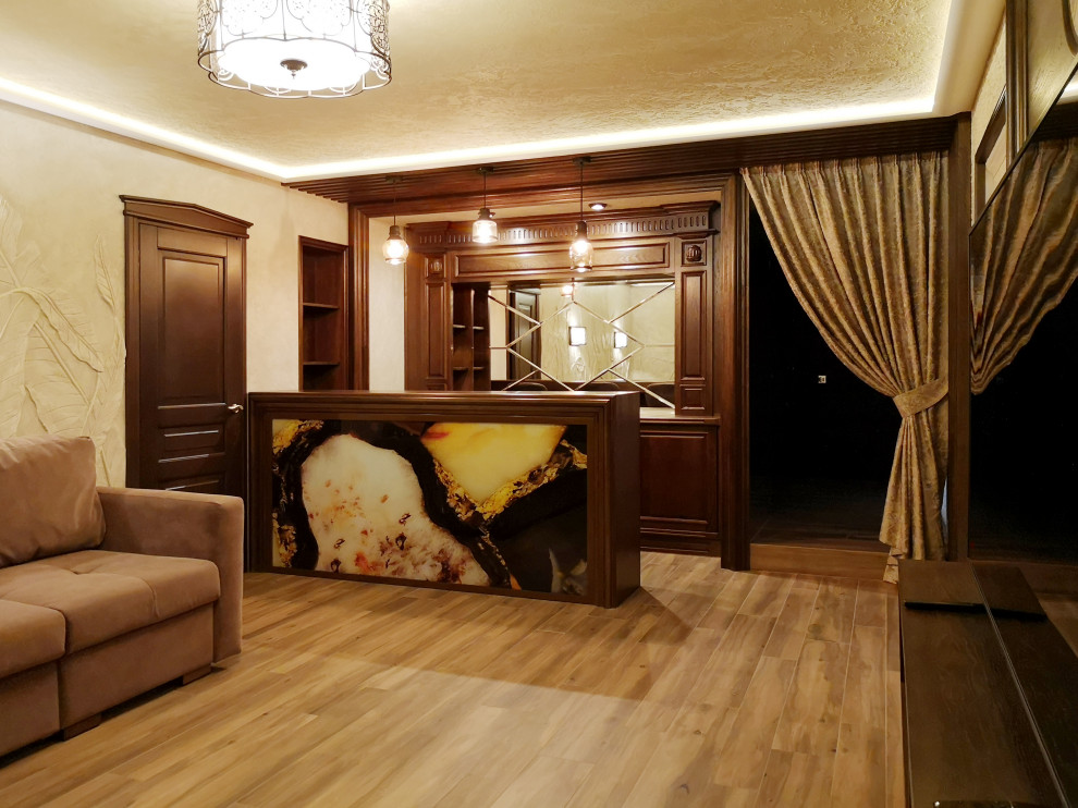 Фото готового интерьера. Цокольный этаж загородного дома, зона для отдыха