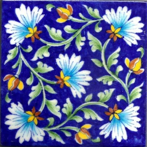 6"x6" Turquoise, White Flowers With Blue Tiles, Set of 3