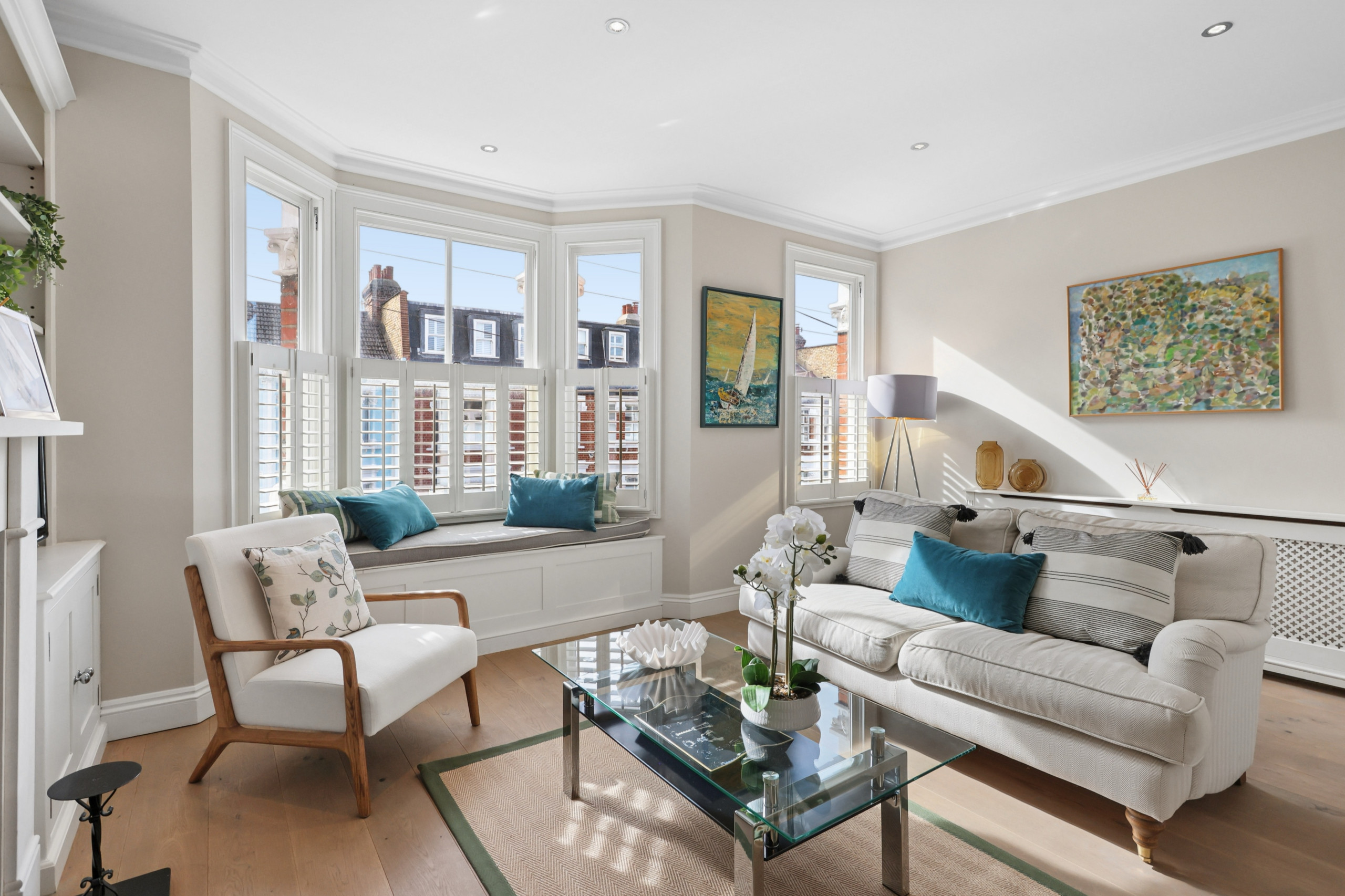 Uplift to Victorian family home in Fulham SW6 - teal and cream reception