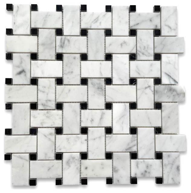 Carrara Marble Basketweave Mosaic Tile Carrera Black Dots Polished 1x2, 1 sheet