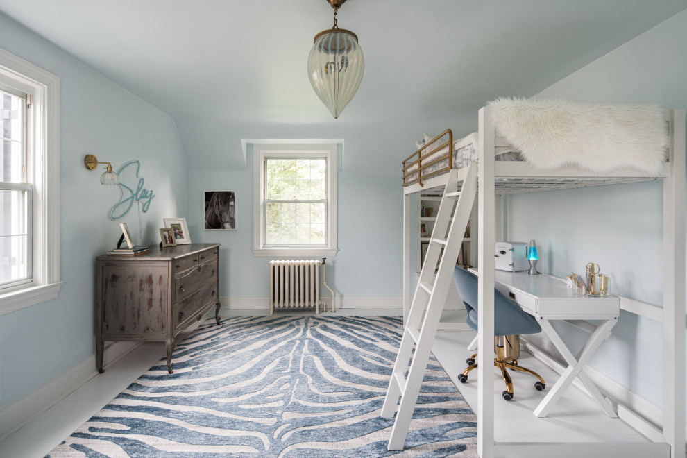 Historic Homeland Full Home Remodel - Bedroom transitional girl painted wood floor and white floor kids' bedroom photo in Baltimore with blue walls