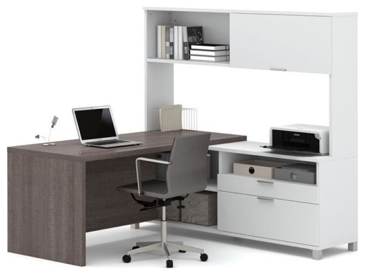 Bowery Hill L-Desk with Hutch in White and Bark Gray