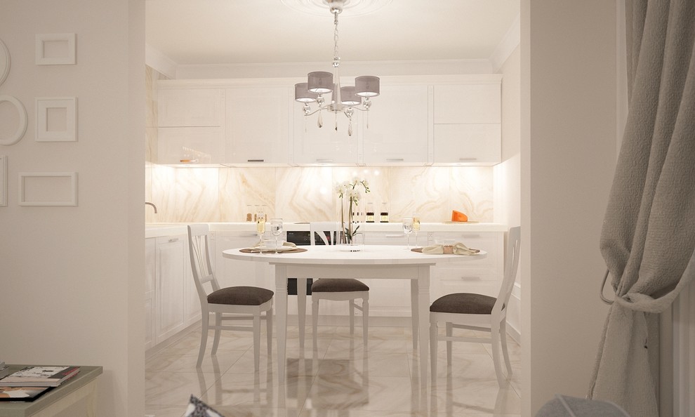 Классические мотивы в современном интерьере кухни-гостиной.