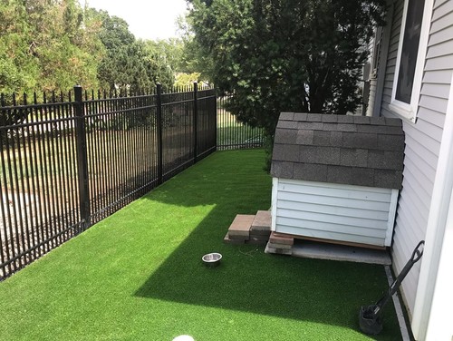 dog area with a metal fence and dog house