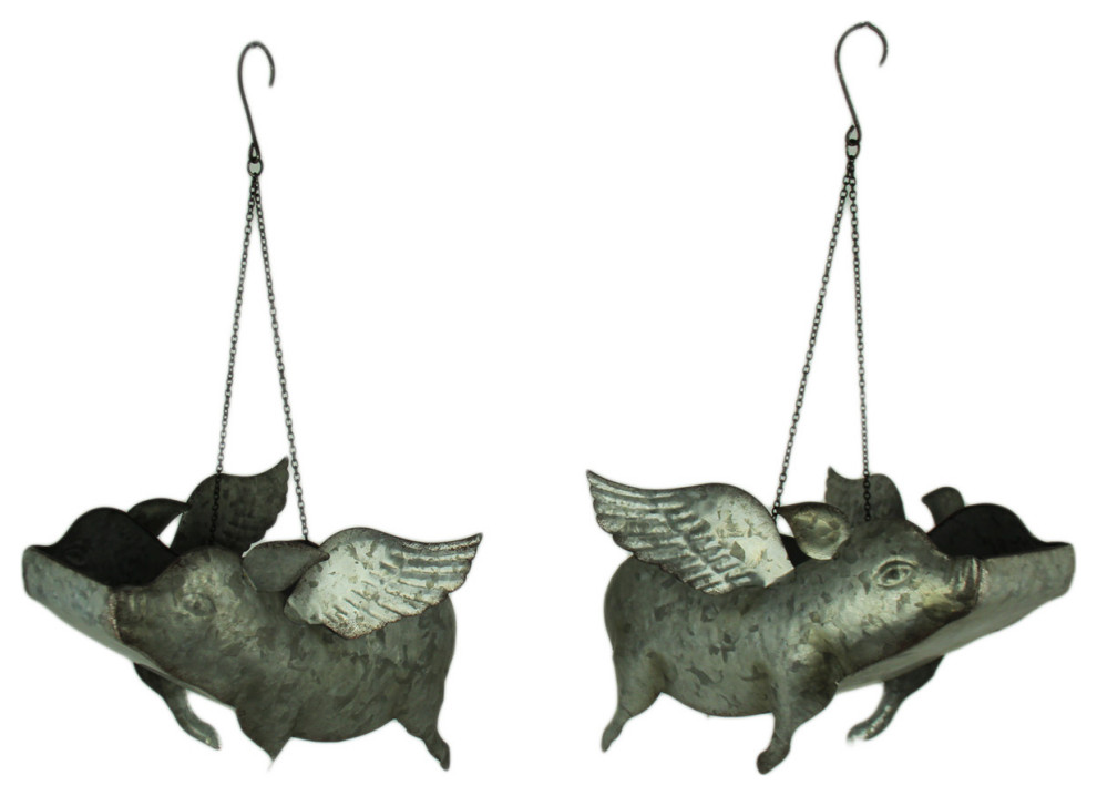 Set of 2 Metal Flying Pig Hanging Planter Decor Succulent Flower Pot ...