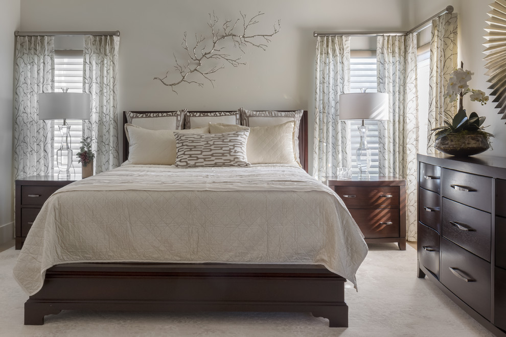 Inspiration for a mid-sized transitional master bedroom in Sacramento with carpet, no fireplace, white floor and white walls.