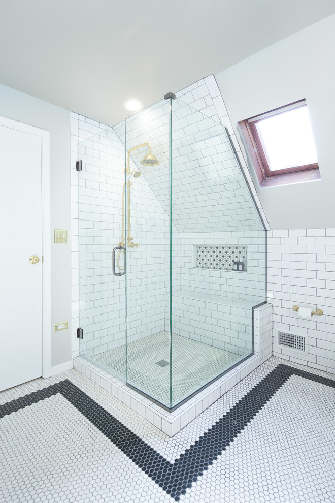 Small contemporary 3/4 bathroom in Chicago with flat-panel cabinets, white cabinets, a two-piece toilet, white tile, subway tile, white walls, mosaic tile floors, a pedestal sink and a corner shower.