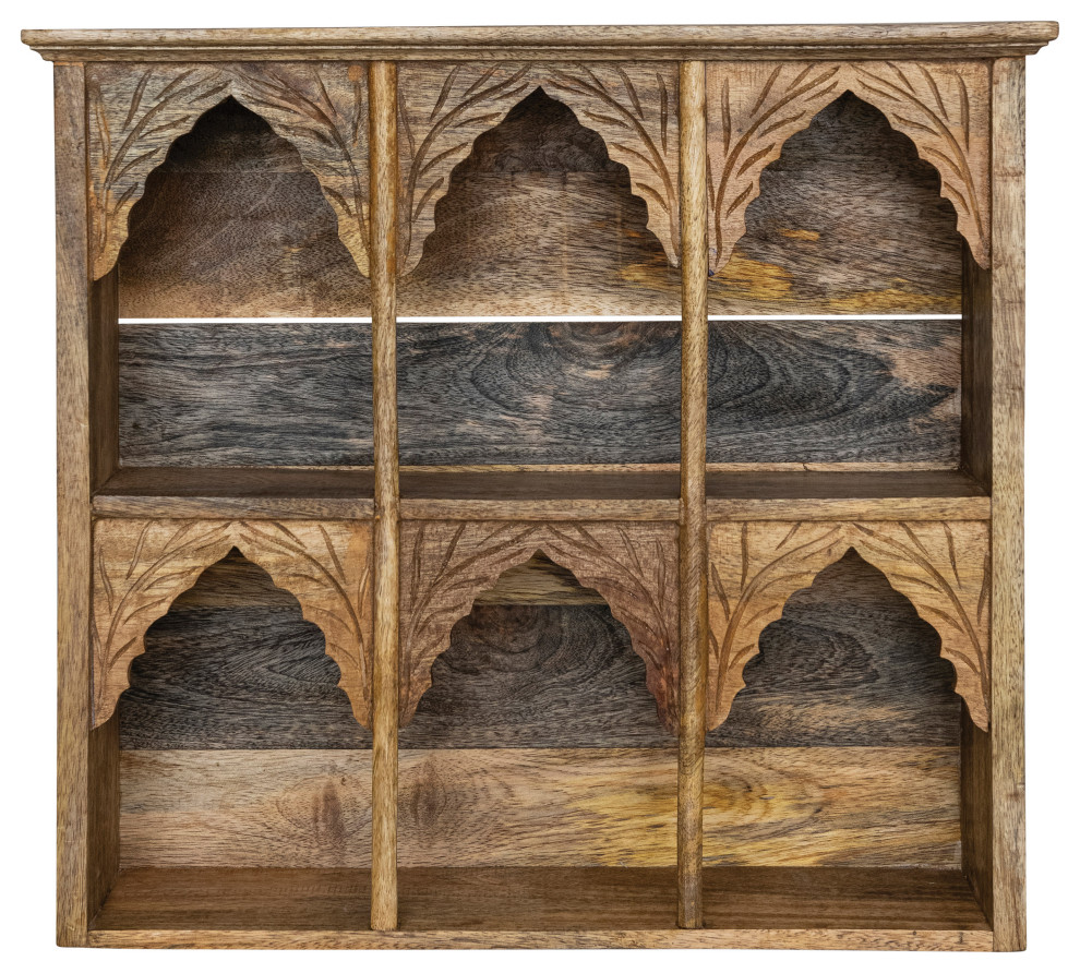 20 Inches Carved Mango Wood Shelf With 6 Sections, Natural Kitchen Products by Creative Co