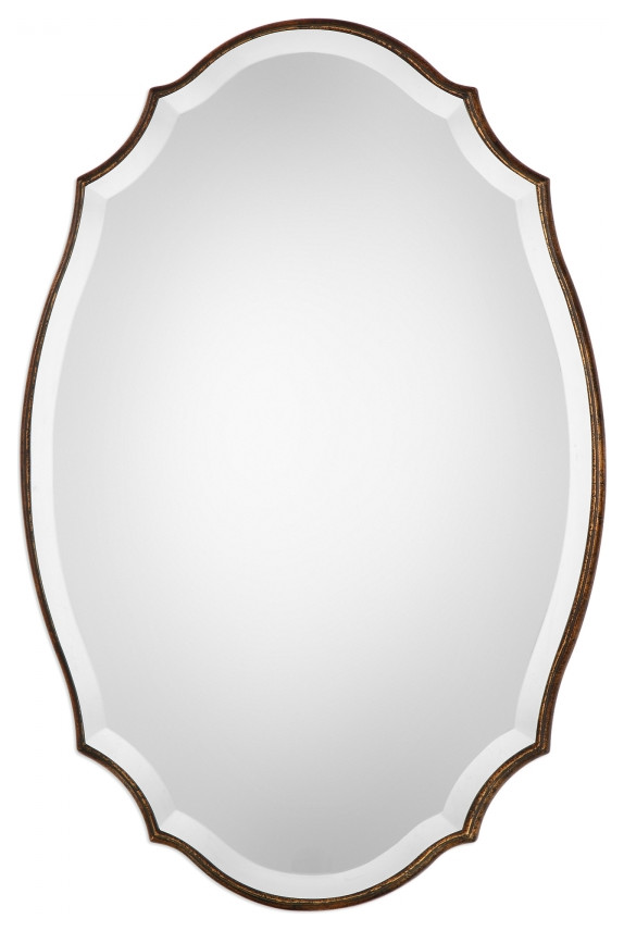 Beveled Mirror with a Rounded Edge and Antiqued Bronze Gold Oval Mirror, 20 X 30