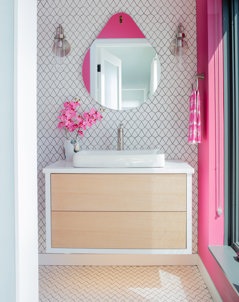 Inspiration for a small contemporary powder room in Boston with recessed-panel cabinets, light wood cabinets, a one-piece toilet, white tile, ceramic tile, ceramic floors, an undermount sink, engineered quartz benchtops, white floor, white benchtops and a floating vanity.