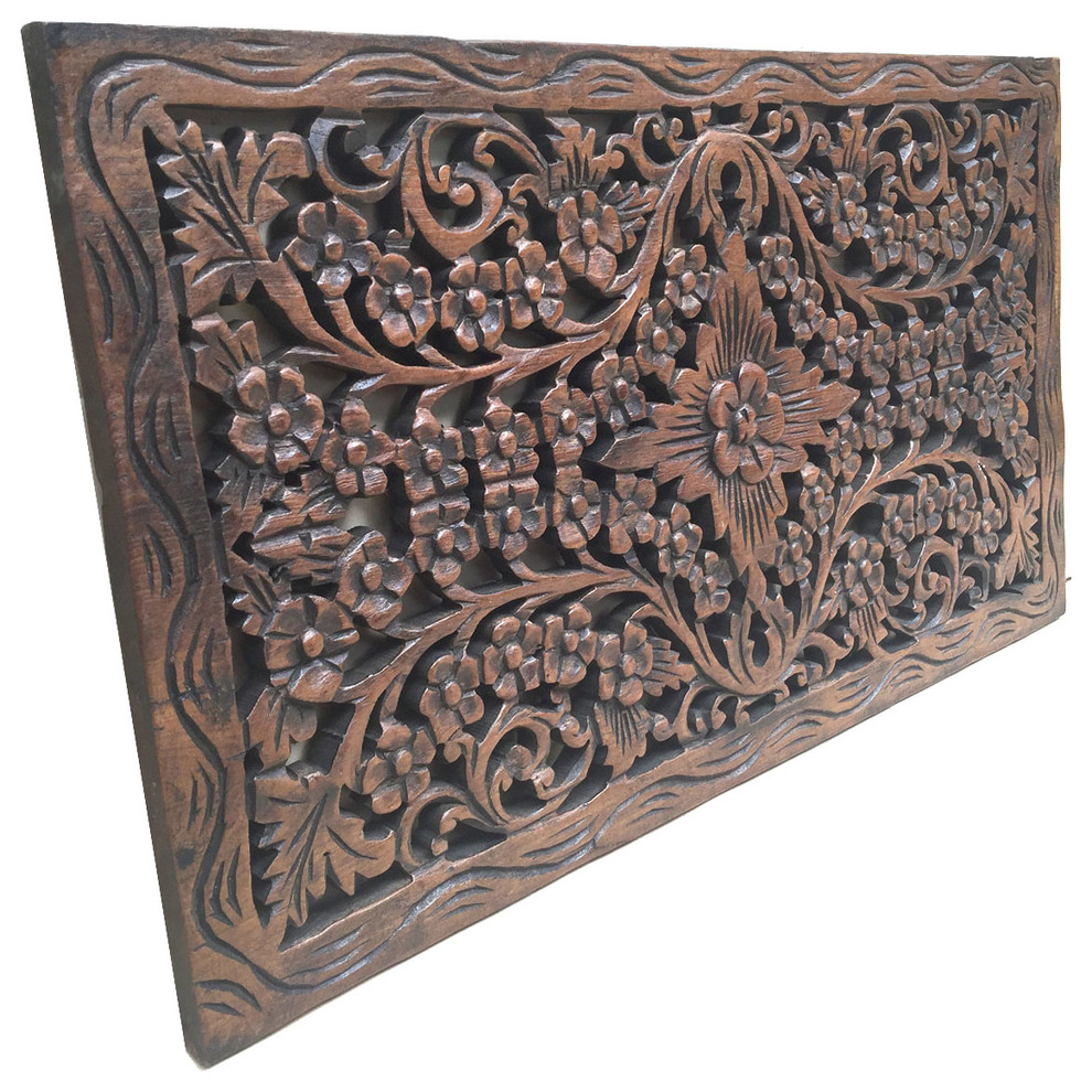 Wood Carved Panel Decorative Flora Wall Relief Panel Teak Wood