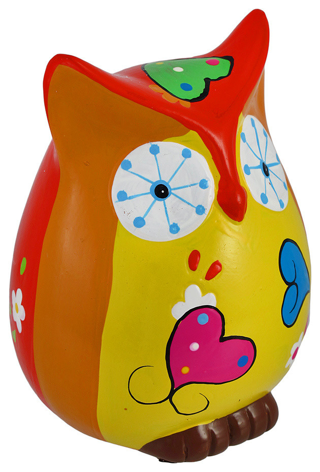 Whimsical Red and Orange Owl Coin Bank Hand Painted