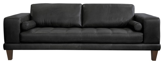 Wynne Contemporary Sofa With Brown Wood, Modern Black Leather Couch