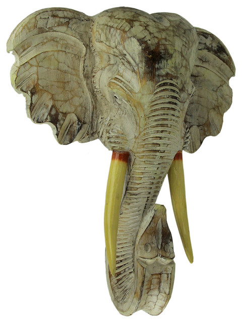 Off White Hand Carved Wood Elephant Head Wall Hanging 20 Inch