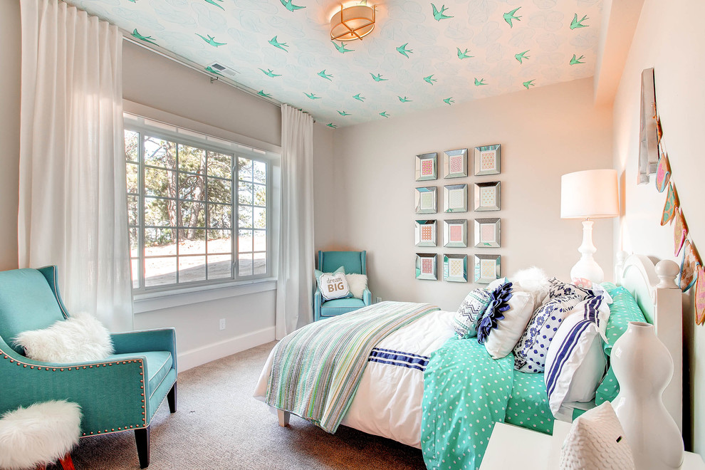 Inspiration for a transitional kids' room for girls in Denver with carpet and grey walls.