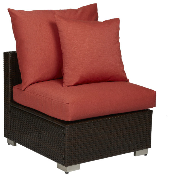 Azura Outdoor Rattan Armless Chair, Brown Rattan and Deep Coral Cushions