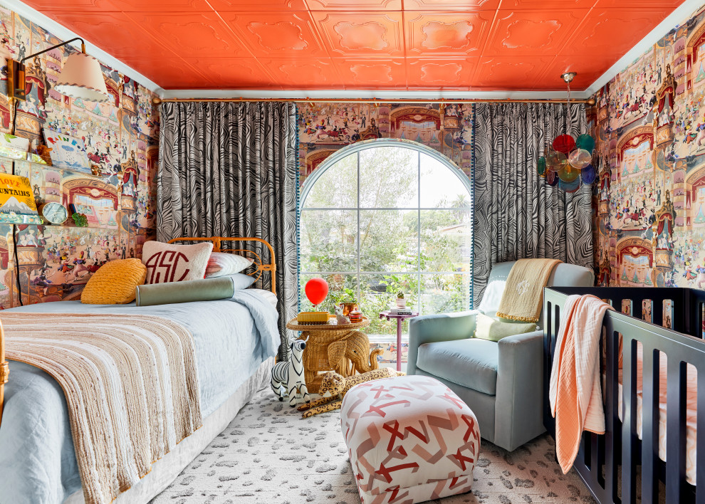 Inspiration for an eclectic carpeted, gray floor and wallpaper nursery remodel in Los Angeles with multicolored walls