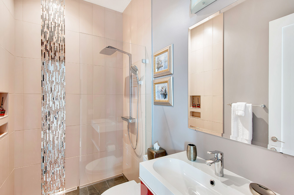Contemporary bathroom in Other with an open shower and an open shower.
