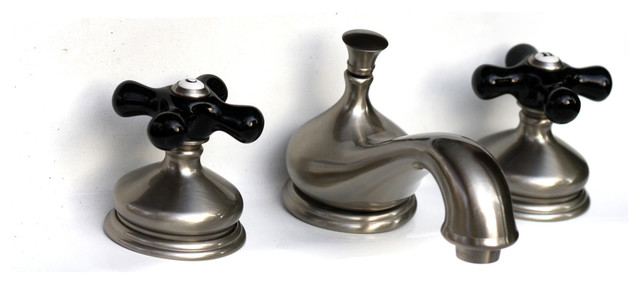 Widespread Bath Faucet Black Porcelain Cross Handle Satin Nickel
