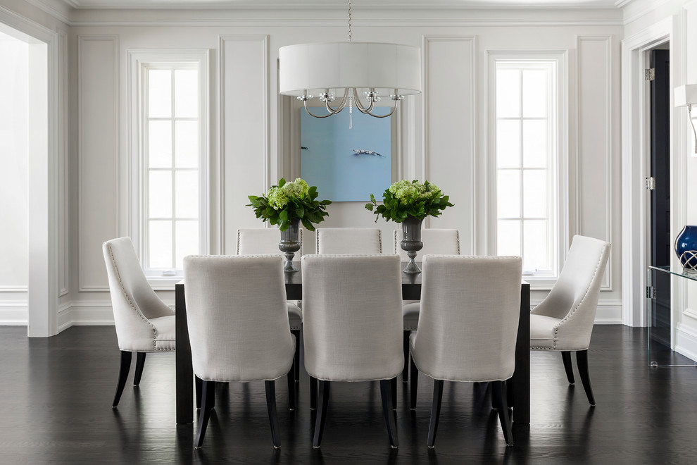 Inspiration for a transitional dining room in Toronto with white walls and dark hardwood floors.