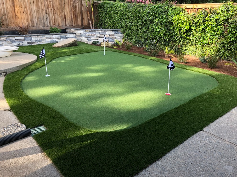 This is an example of a mid-sized transitional shade backyard outdoor basketball/tennis/multi-game court.