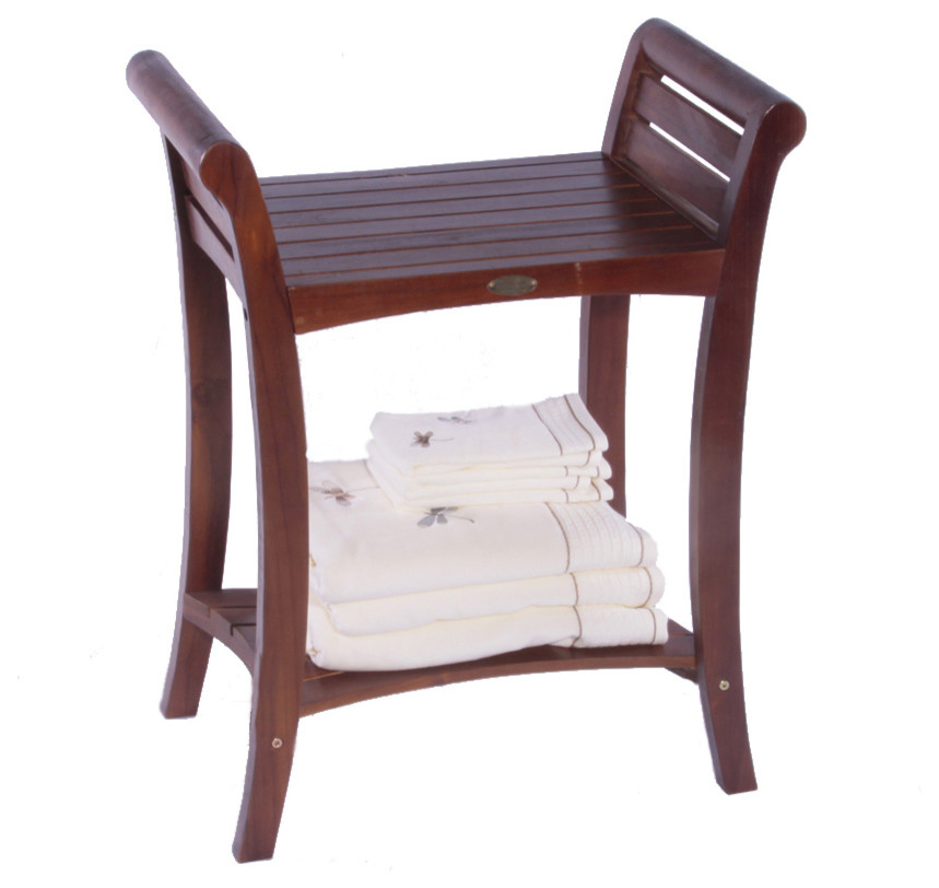 Symmetry 24" Extended Height Teak Shower Bench With Shelf And LiftAide