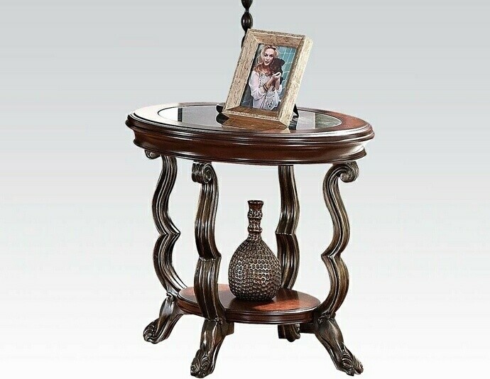 Bavol cherry finish wood round shaped end table with glass insert and lower shel