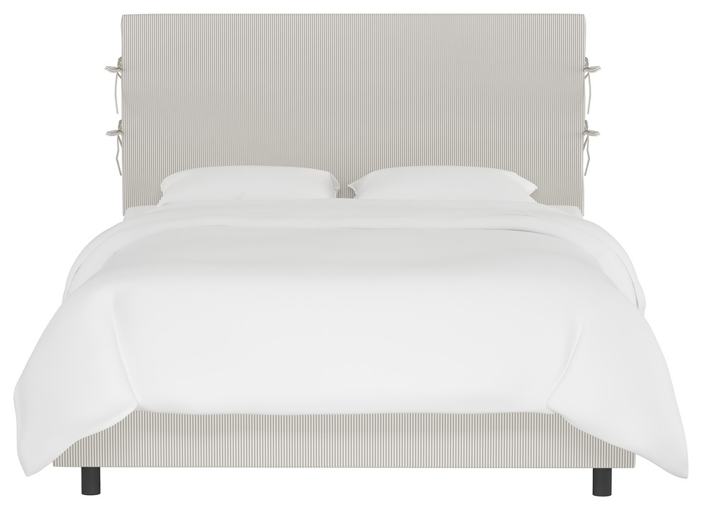 Bern Slipcover Bed With Ties, Oxford Stripe Taupe, Full Transitional