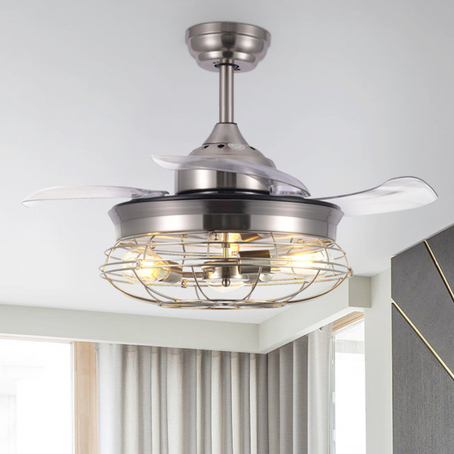 36" Black Modern Industrial Retractable Ceiling Fan with Light and Remote, Brushed Nickel