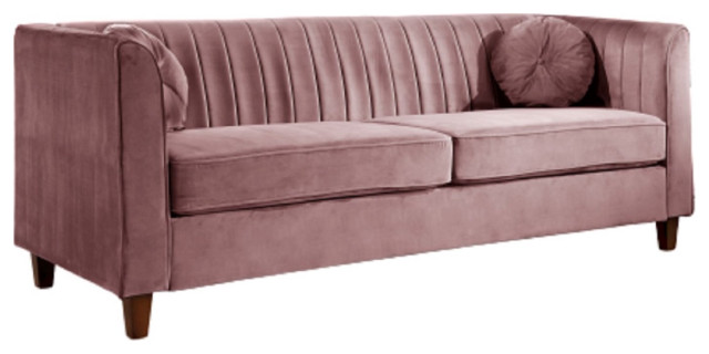 Elegant Sofa, Padded Velvet Seat & Channel Tufted Back With Throw Pillows, Rose