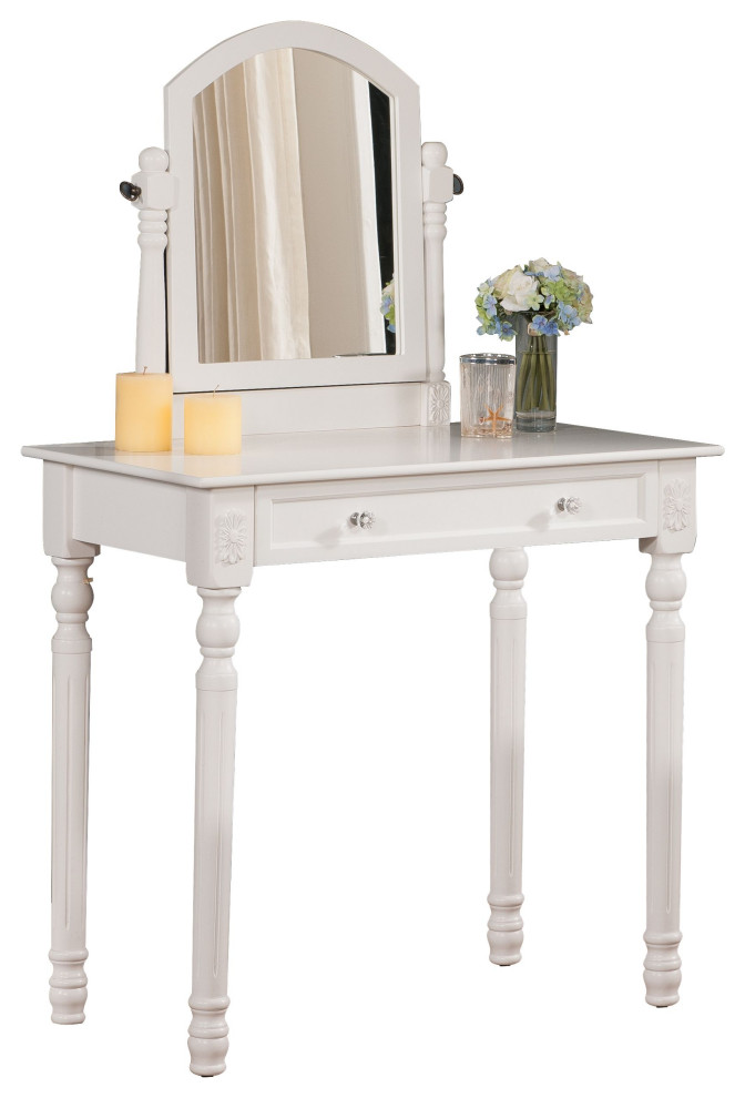 Pilaster Designs, White Finish Wood Vanity Table and Mirror