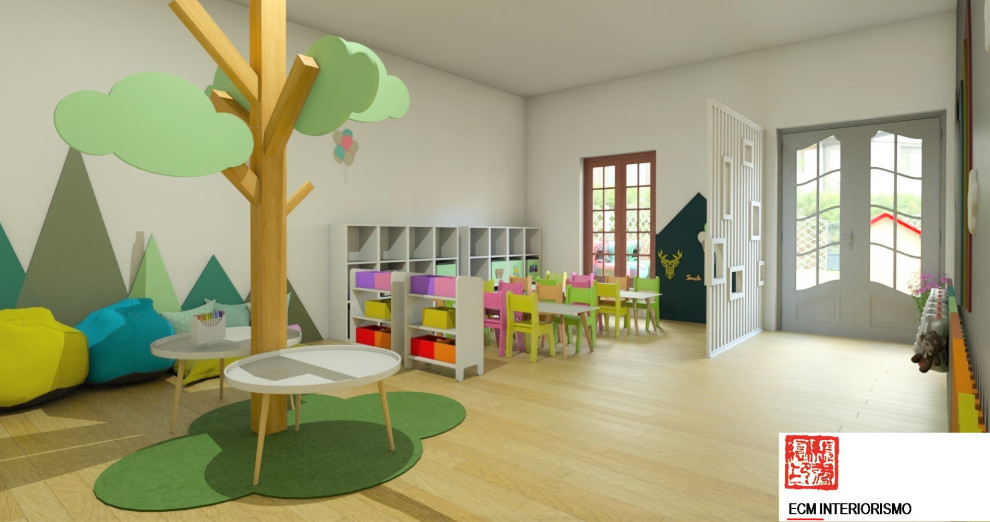 Foto de habitación infantil unisex de 1 a 3 años nórdica de tamaño medio con escritorio y suelo laminado