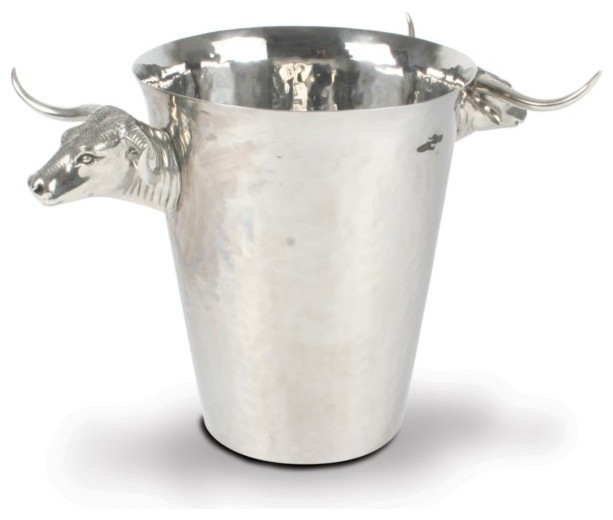 Western Ice Bucket with Pewter Silver Long Horn Steer Handles Rustic