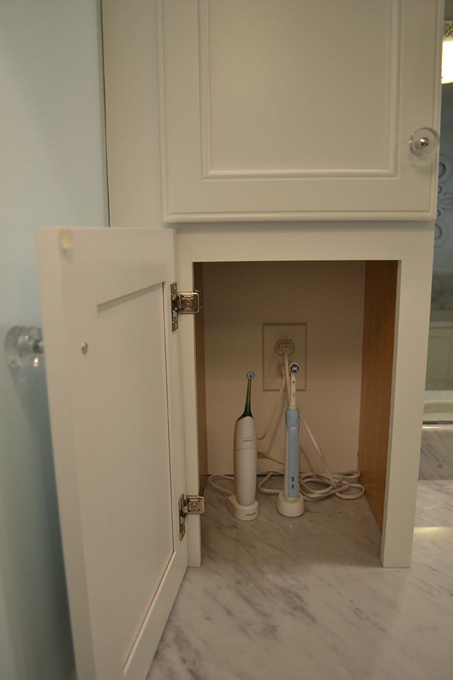 Example of a huge transitional master white tile home design design in Columbus with recessed-panel cabinets, white cabinets, granite countertops, a one-piece toilet and blue walls