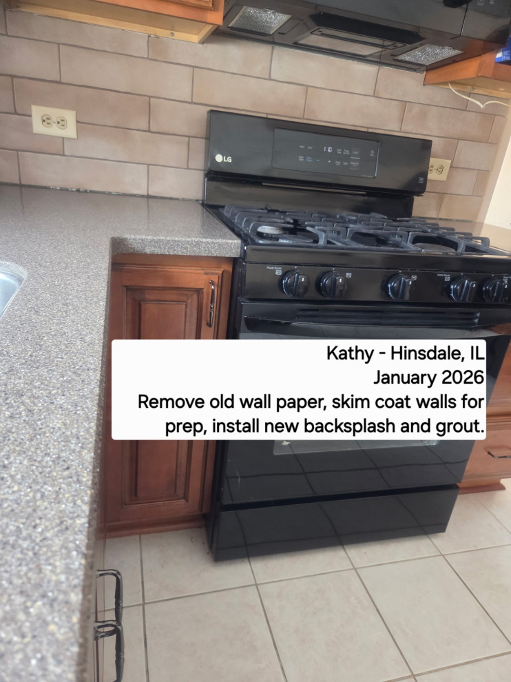 Backsplash Install, Remove wall paper, prep, skim coat  walls, install new tile