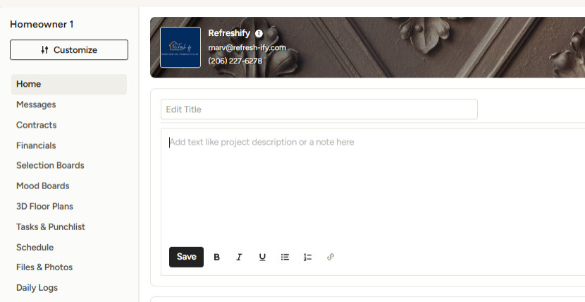 Client Dashboard Refreshify via Houzzpro