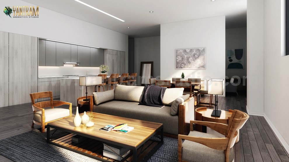 Inspiration for a mid-sized modern formal and enclosed light wood floor, gray floor, exposed beam and wall paneling living room remodel in Geelong with white walls, no fireplace, a concrete fireplace and no tv