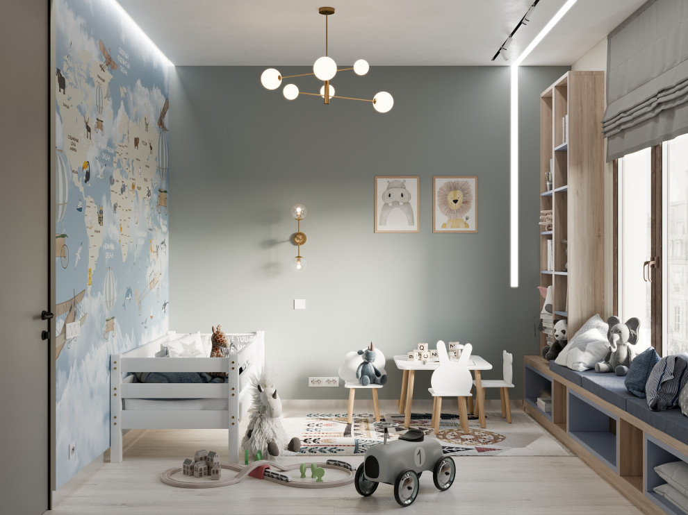Стильный дизайн: детская среднего размера: освещение в современном стиле с спальным местом, синими стенами, полом из ламината, белым полом, многоуровневым потолком и обоями на стенах для ребенка от 4 до 10 лет, мальчика - последний тренд