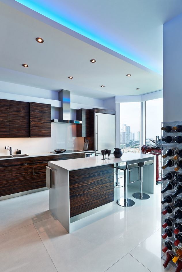 Inspiration for a large modern l-shaped separate kitchen in Other with a double-bowl sink, flat-panel cabinets, brown cabinets, quartz benchtops, white splashback, porcelain splashback, stainless steel appliances, porcelain floors, with island and white floor.