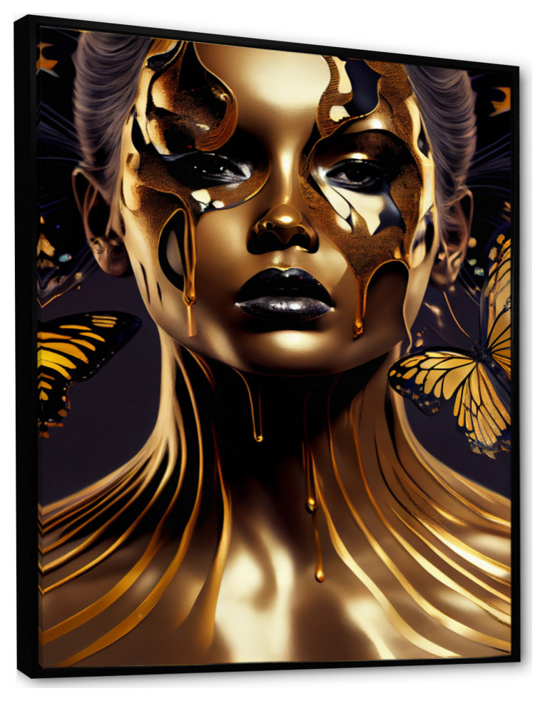 Woman With Black And Gold Butterflies II Framed Canvas, 30x40, Black
