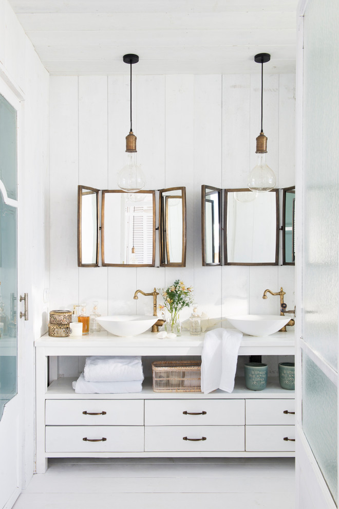 Nautical ensuite bathroom in Other with open cabinets, white cabinets, white walls, a vessel sink, white floors, white worktops, double sinks, a built in vanity unit, painted wood flooring, tongue and groove walls and a timber clad ceiling.