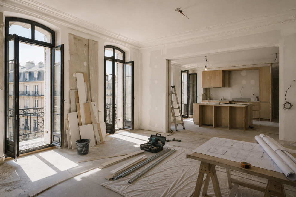 Appartement en cours de rénovation à Marseille avec plans d'architecte, cuisine en création et travaux d'architecture d'intérieur haut de gamme.