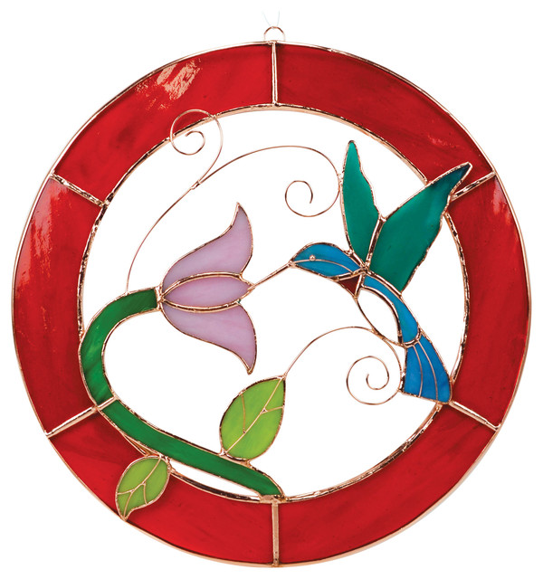 Small Hummingbird Red Circle Frame Window Panel Stained Glass Small Hummingbird Red Circle Frame Window Panel Stained Glass Panels By Bird Essentials