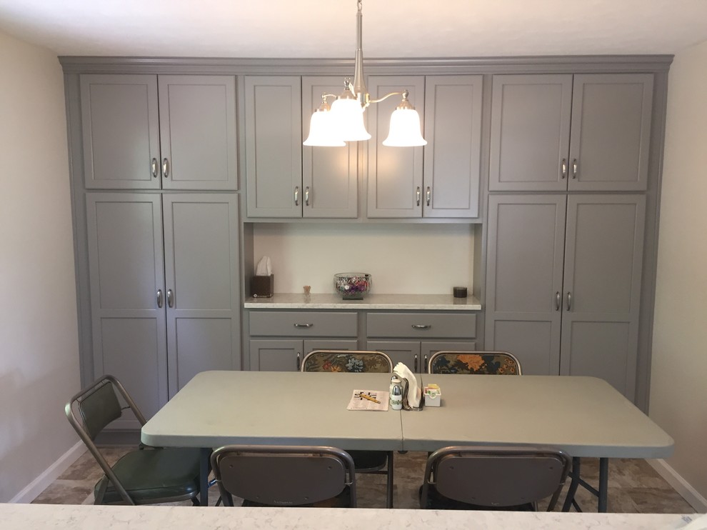 Inspiration for a mid-sized transitional u-shaped vinyl floor and gray floor eat-in kitchen remodel with shaker cabinets, gray cabinets, quartzite countertops, blue backsplash, a peninsula, white countertops, a double-bowl sink, glass tile backsplash and stainless steel appliances
