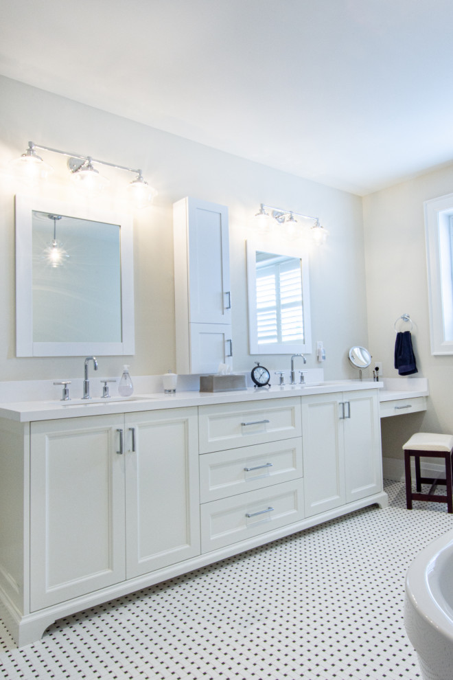Example of a large transitional master ceramic tile and yellow floor freestanding bathtub design in Toronto with recessed-panel cabinets, white cabinets, white walls, a drop-in sink and white countertops