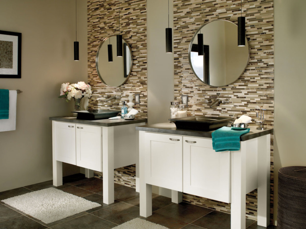 Design ideas for a large contemporary master bathroom in Milwaukee with a vessel sink, shaker cabinets, white cabinets, beige tile, brown tile, matchstick tile and beige walls.